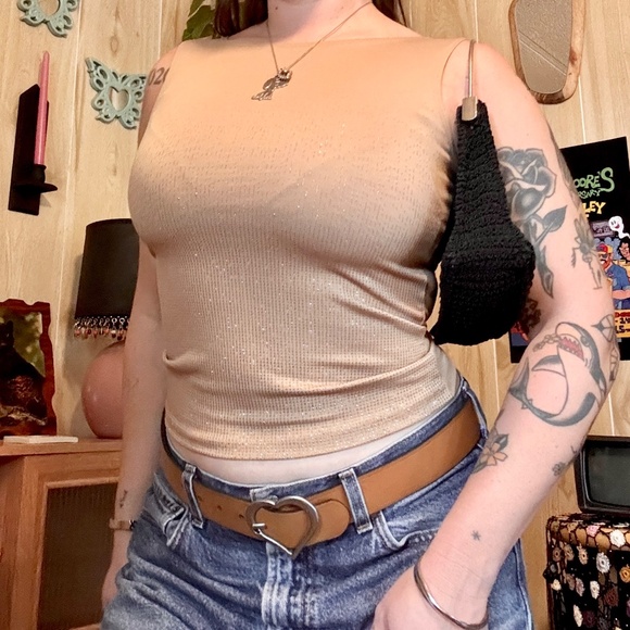 Vintage Small Tan and Gold Sparkle Stretch Tank 90s 2000s - Picture 6 of 6